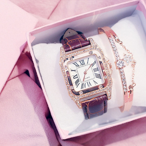 Square Luxury Diamond Women Watches 2019 Leather